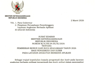 Inilah SE Menaker tentang Pemberian Bonus Hari Raya 2026 bagi Pengemudi dan Kurir Online