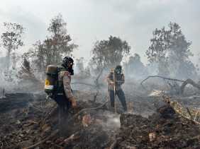 Brimob Polda Riau Gunakan Breathing Apparatus Tembus Asap Karhutla di Kampar