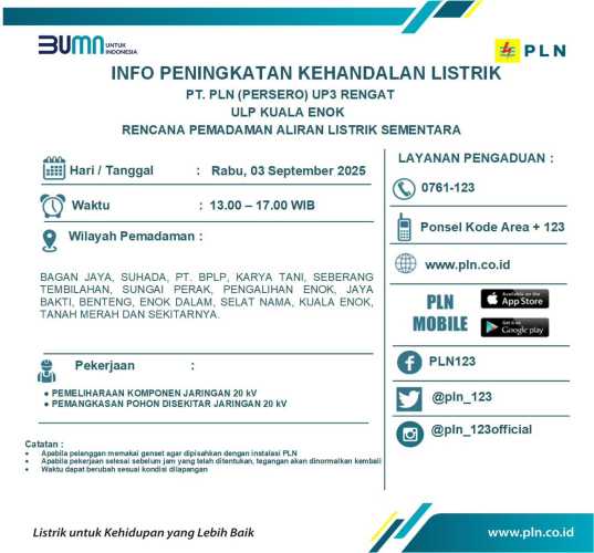 PT. PLN UP3 Rengat Jadwalkan Pemadaman Untuk Tingkatkan Keandalan Listrik di Wilayah Kuala Enok
