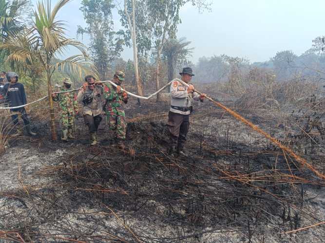 Diantara Kepulan Asap, Kapolsek Tempuling Bersama Tim Tetap Semangat Lakukan Pemadaman Karhutlah