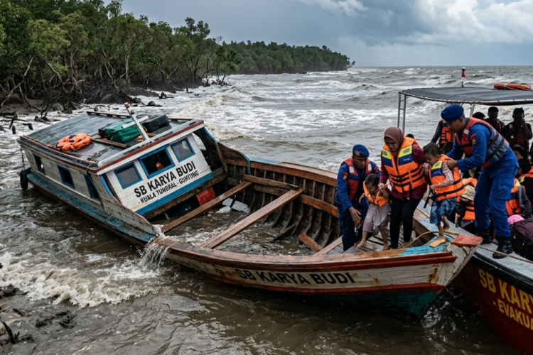 Akibat Dihantam Ombak, Speedboad Tujuan Kuala Tungkal Menuju Guntung Karam Ditepian Laut Pulau Busung