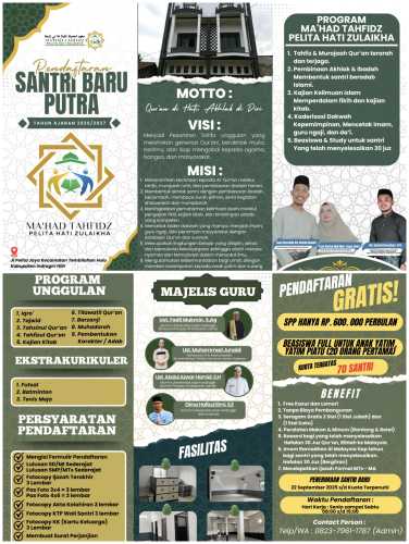 Ma'had Tahfidz Pelita Hati Zulaikha Buka Penerimaan Santri Baru 2026/2027, Siapkan Beasiswa Full 20 Anak Yatim Piatu dan Kurang Mampu