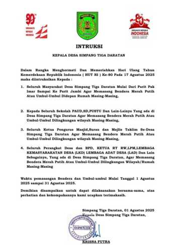 Meriahkan  HUT RI ke-80 , Kepala Desa Simpang Tiga Daratan Kecamatan Enok Keluarkan Instruksi
