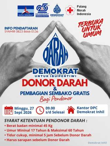 HUT ke-25, DPC Demokrat Inhil Gelar Donor Darah Berhadiah Sembako Gratis