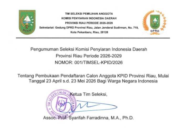 Pendaftaran Anggota KPID Riau 2026–2029 Dibuka, Ini Syarat Lengkapnya