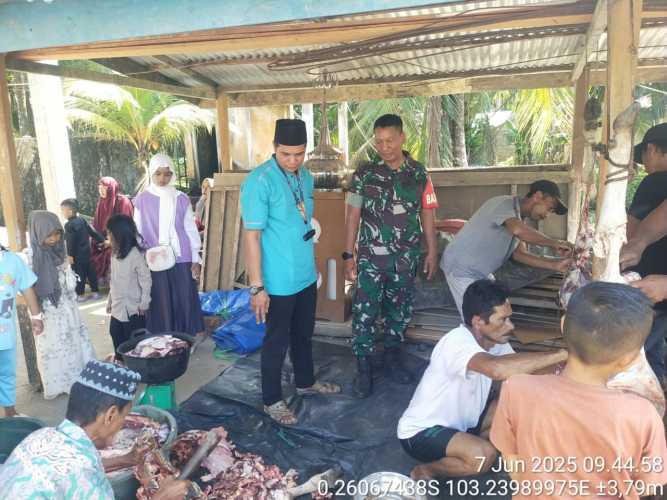 Babinsa Koramil 12/Batang Tuaka Pantau Penyembelihan Hewan Kurban di Desa Sungai Dusun