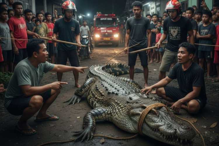 Seekor Buaya Sepanjang 2,2 Meter Muncul di Permukiman Warga Kemuning Inhil