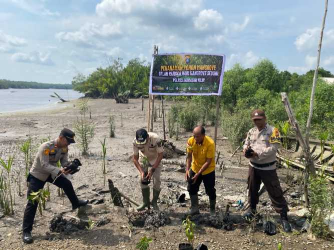 Mengawal Alam Menjaga Negeri, Polsek Enok Laksanakan Tanam Pohon Mangrove Serentak di Kecamatan Enok