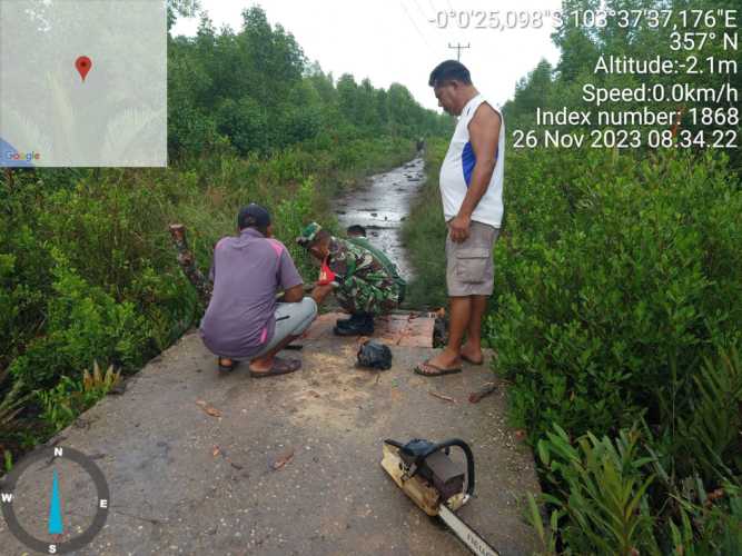 Babinsa Belaras Renovasi Jembatan Jalan Poros Desa