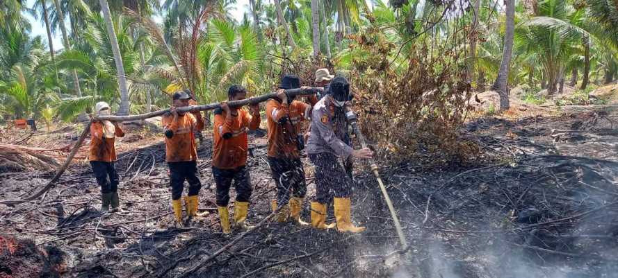 Cepat Tanggap Padamkan Titik Api di Pulau Burung, Kapolsek Ingatkan Sanksi Hukum Bagi Pelaku Pembakaran Lahan