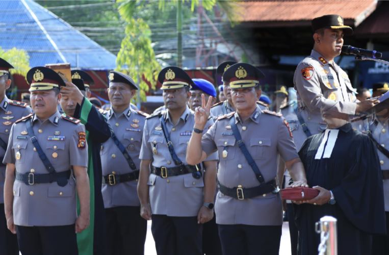 Kapolres Inhil AKBP Farouk Oktora S.H, S.I.K Pimpin Upacara Serah Terima Jabatan Wakapolres, Kabag SDM, Kasat Polairud dan Kapolsek Jajaran