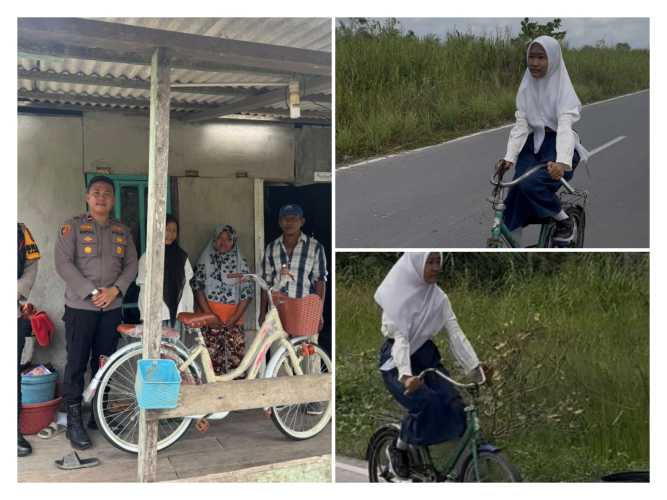 Saat Patroli, Kapolsek Tembilahan Tergerak Hati Melihat Siswi Bersepeda Usang, Langsung Belikan Sepeda Baru