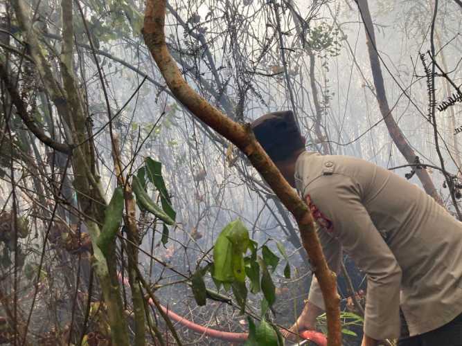Api Dekati Permukiman Warga, Kapolres Kampar Kirim Personel Padamkan Kebakaran Lahan 2 Ha