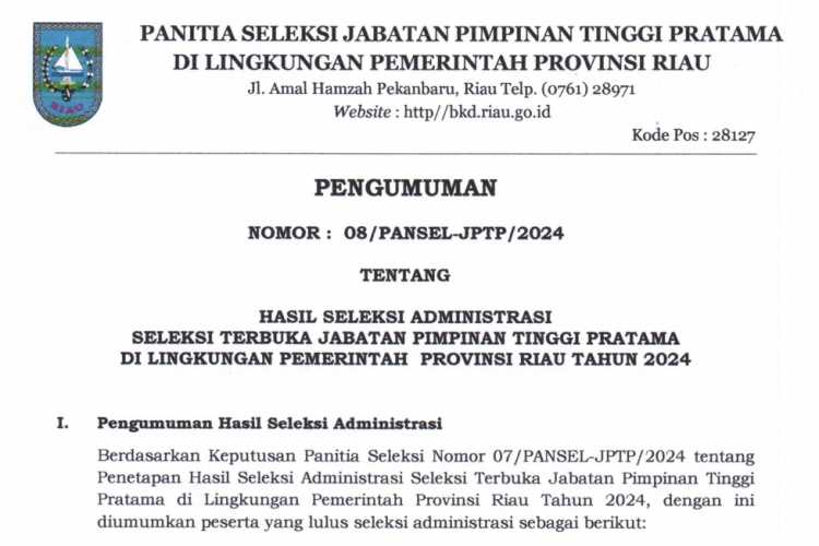 Tiga Puluh Orang Peserta Lulus Seleksi Administrasi Asesmen Empat Jabatan Eselon II Pemprov Riau