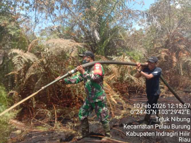 Terobos Asap dan Panas, Babinsa Koramil 11 Pulau Burung Padamkan Karhutla 3 Hektare