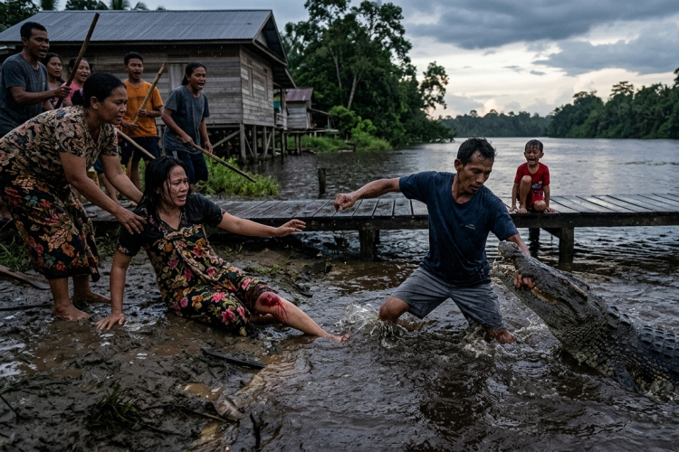 Aksi Heroik Suami di Gaung Inhil: Nekat Bergumul dan Tusuk Mata Buaya Demi Istri