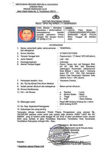 Polres Inhil Tangani Kasus Dugaan Penipuan dan Penggelapan Rp160 Juta, Satu Tersangka Ditetapkan DPO