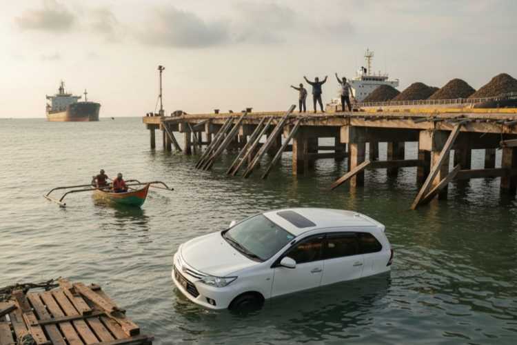 Detik-detik Avanza Putih Tercebur ke Laut Saat Trestle Pelabuhan KITB Siak Runtuh