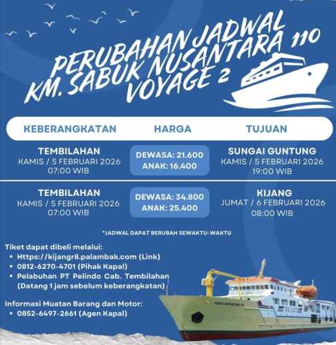 Perubahan Jadwal KM Sabuk Nusantara 110 Voyage 2, Ini Rincian Keberangkatan dari Tembilahan