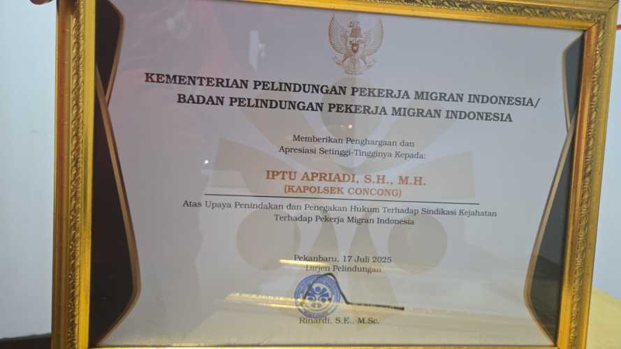 Bantu Ungkap TPPO bersama Ditreskrimun Polda Riau, Kapolsek Concong Turut Dapat Penghargaan dari Menteri BP2MI