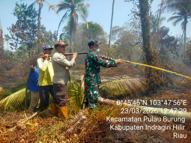 Babinsa Serda Ahmad Fery Berjibaku Memadamkan Titik Api Karhutla di Desa Pulau Burung