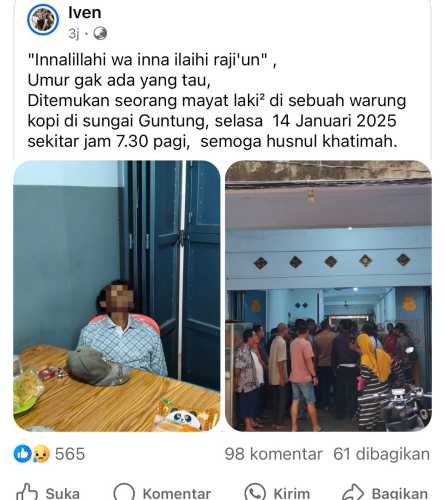 Warga Sungai Guntung di Gegerkan Penemuan Pria Baya Tak Bernyawa di Warung Kopi